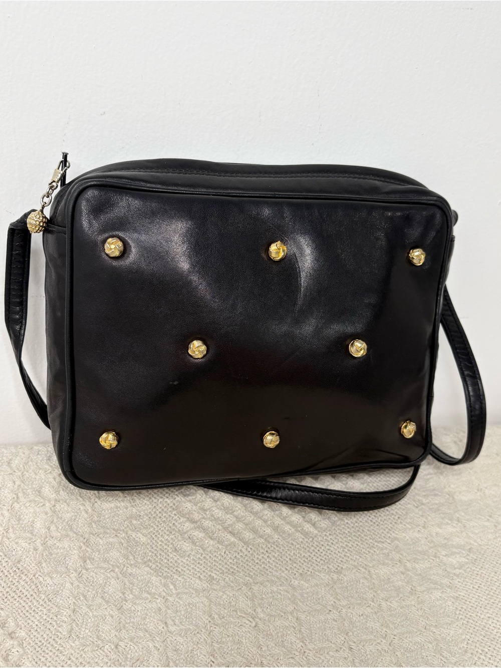 90s Vintage Lord & Taylor Italian Leather Studded Crossbody Bag Purse Black